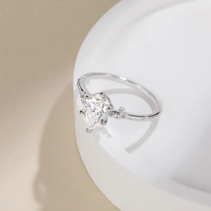 925 Sterling Silver Pear Halo Ring for Women