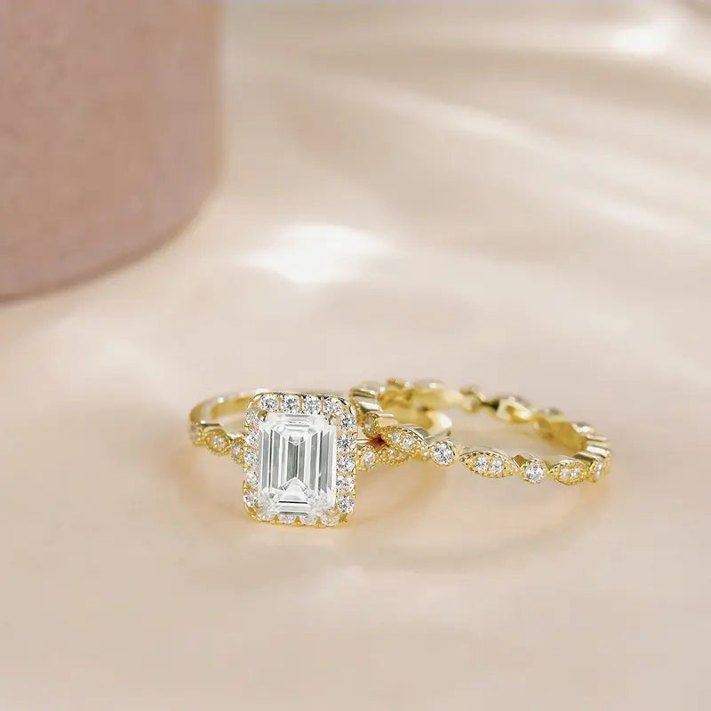2CT Emerald Cut CZ Bridal Ring Set in 925 Sterling Silver