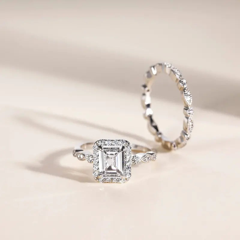 2CT Emerald Cut CZ Bridal Ring Set in 925 Sterling Silver