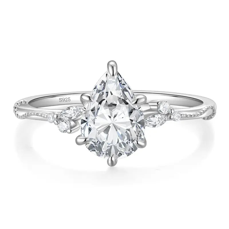 925 Sterling Silver Pear Halo Ring for Women