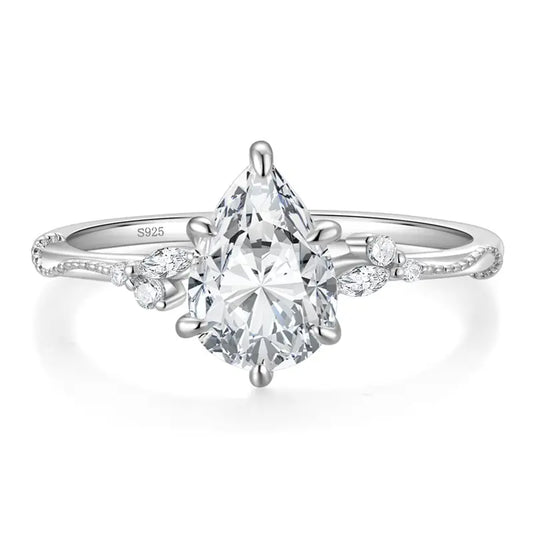 925 Sterling Silver Pear Halo Ring for Women