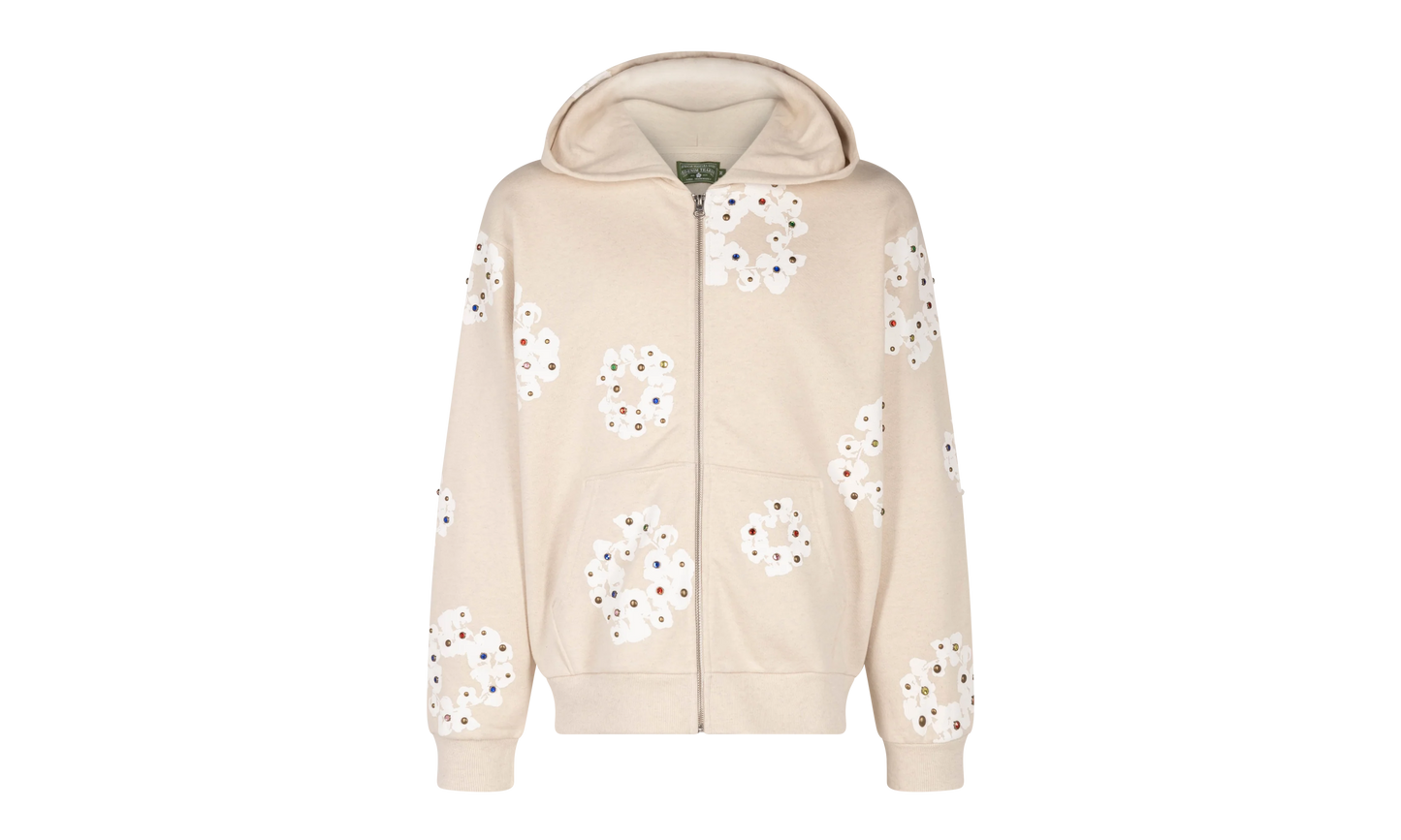 Rhinestone Cotton Wreath Zip Hoodie "Oatmeal" DT027