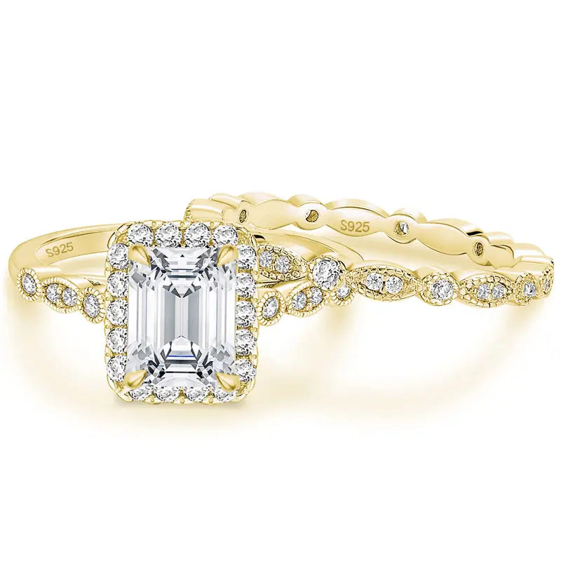 2CT Emerald Cut CZ Bridal Ring Set in 925 Sterling Silver