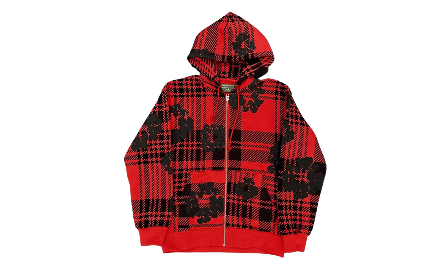 The Cotton Wreath Logo Zip Up Hooded Sweatshirt "Plaid - Red / Black" DT297