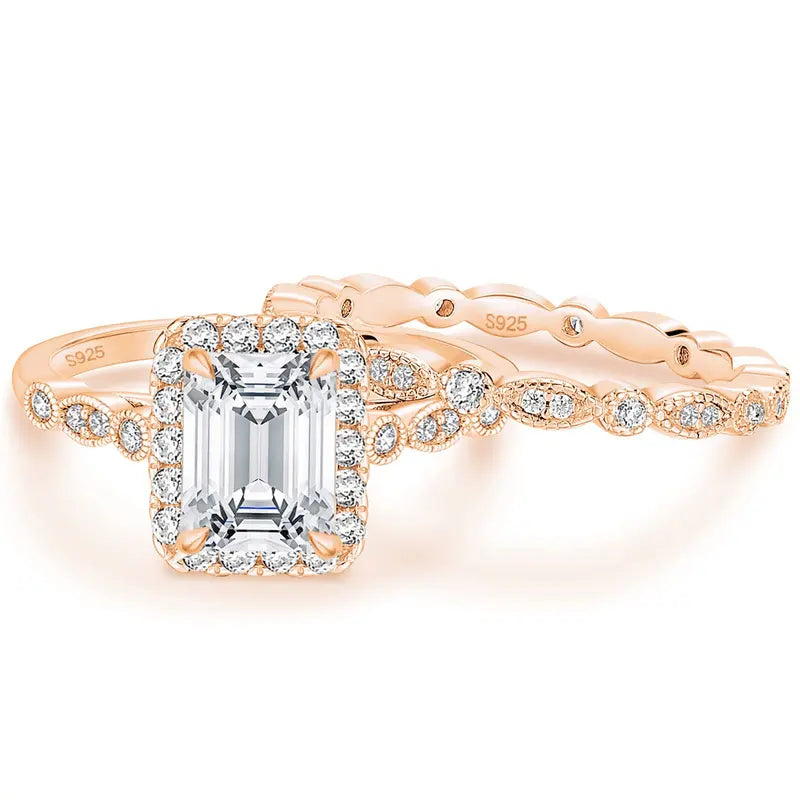 2CT Emerald Cut CZ Bridal Ring Set in 925 Sterling Silver