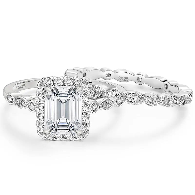 2CT Emerald Cut CZ Bridal Ring Set in 925 Sterling Silver