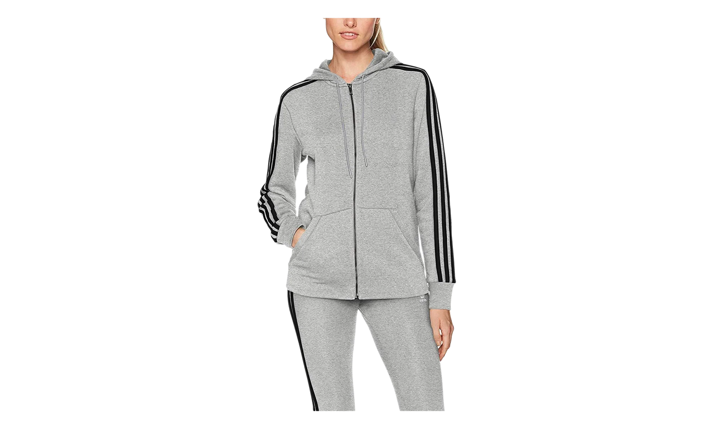 Essentials Cotton Fleece 3-Stripe Full Zip Hoodie WMNS "Grey / Black" CD2250